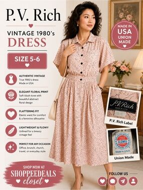 Vintage P. V. Rich Union Made USA Floral Shirt Midi Dress | Size 5-6